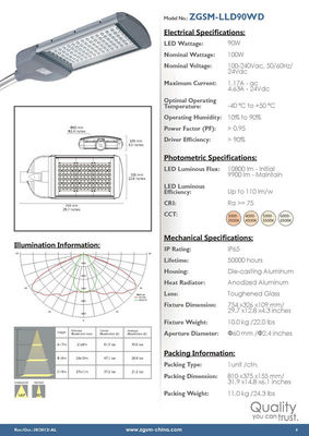 Aluminum 100W High Power LED Street Lighting Fixtures IP65 , 120v 130v 240v