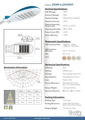 135W High Power LED Street Lights 60Hz , Energy Efficiency Roadway LED Lights